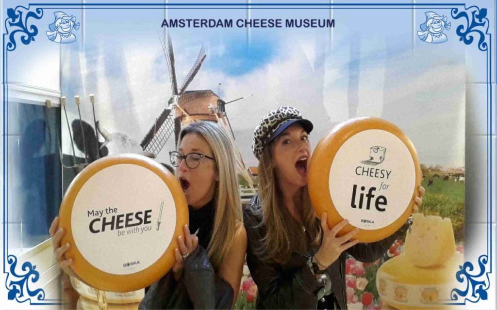 Taking photos with mom at the Dutch Cheese Museum in Amsterdam