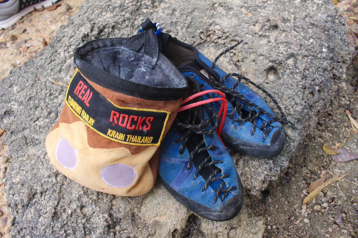Rock climbing shoes and a chalk bag