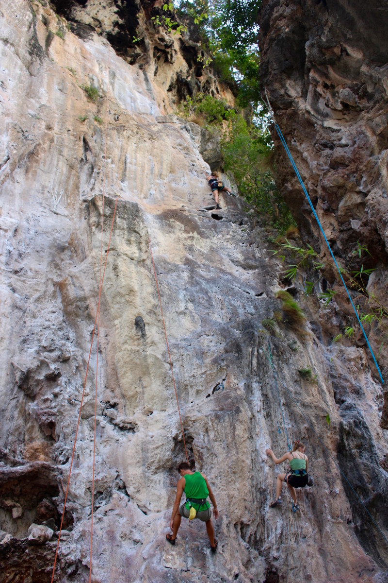 Me climbing at Railay Beach in Thailand. Just about here was when my legs started shaking.