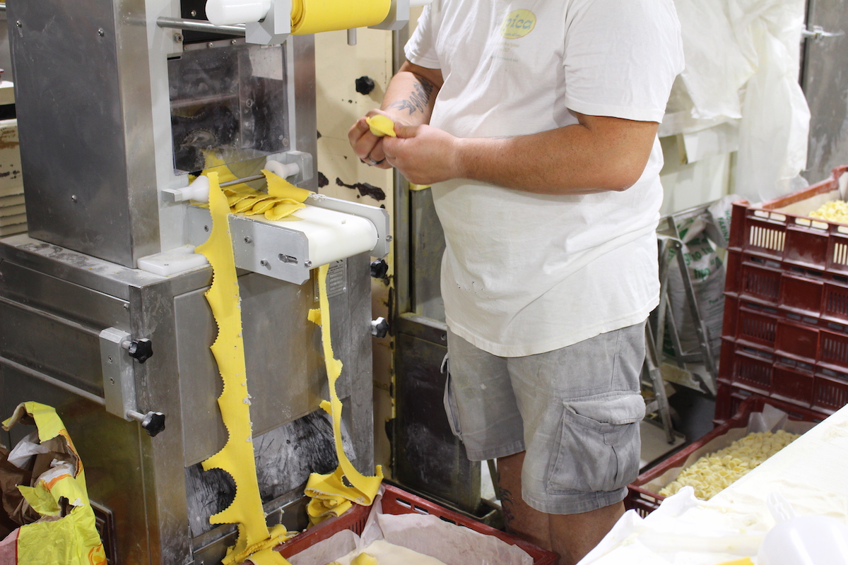 A pasta maker in a local pasta factory preparing ravioli