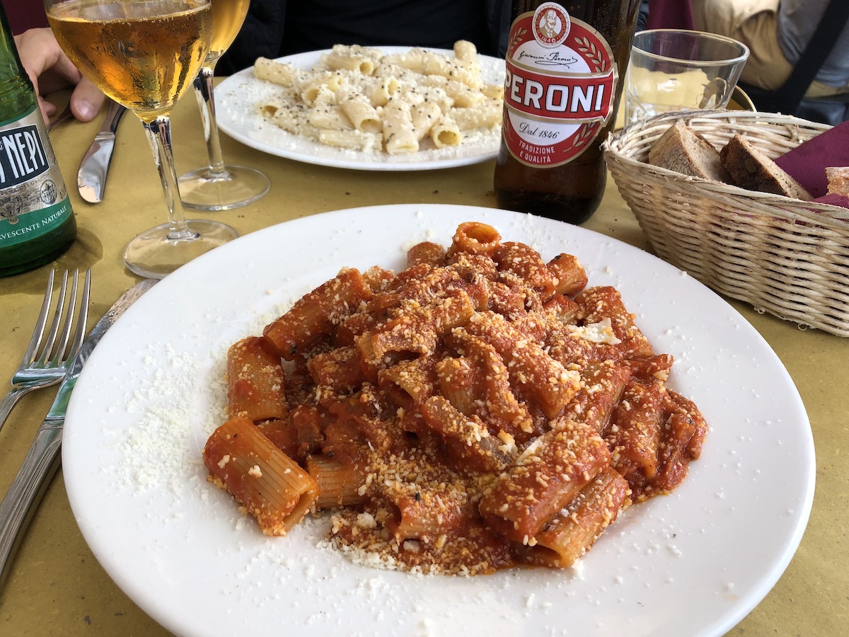 Amatriciana and Cacio e Pep at da Teo in Trastevere, Rome