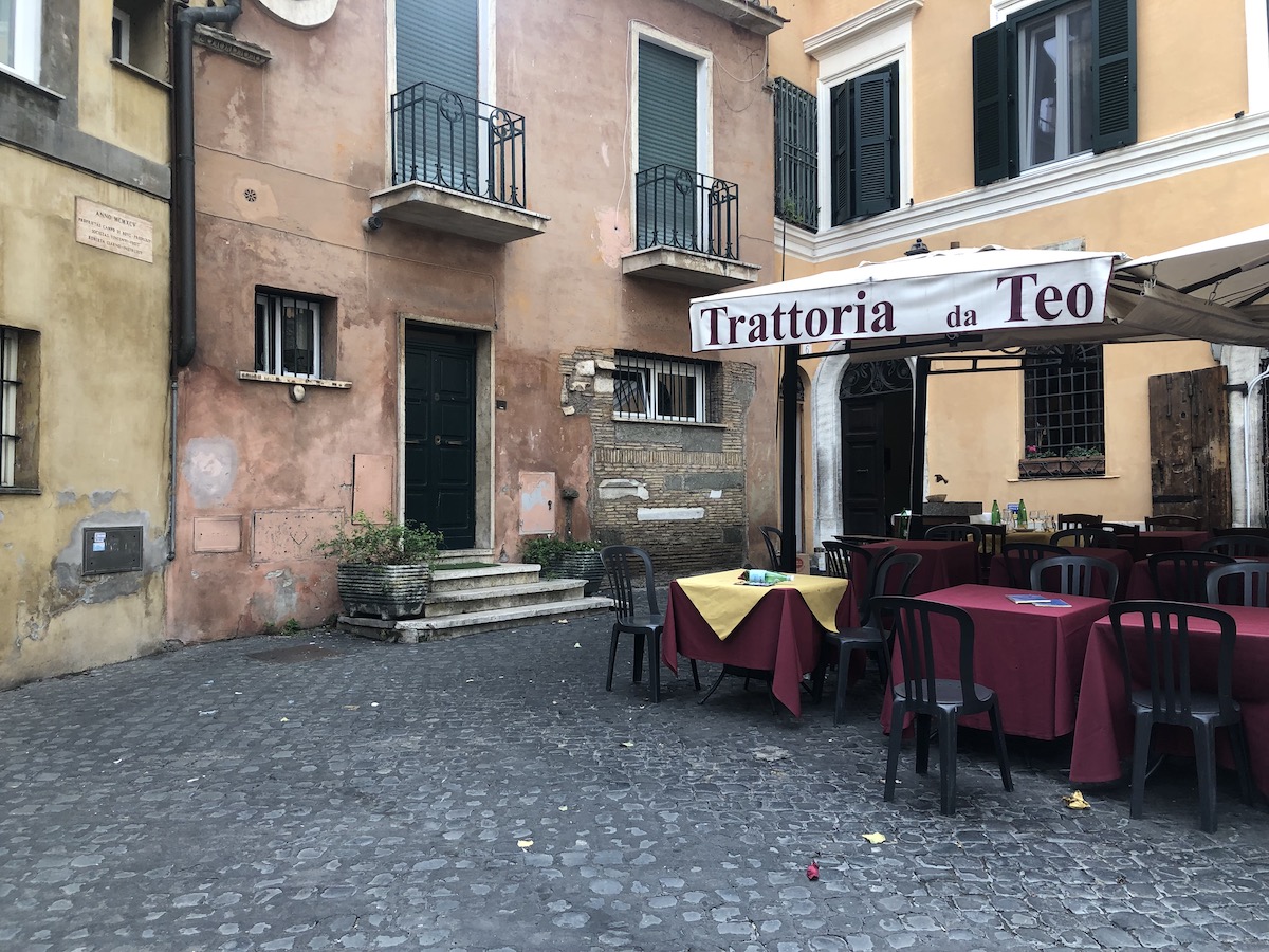 The outside seating at da Teo just after closing in Trastevere, Rome