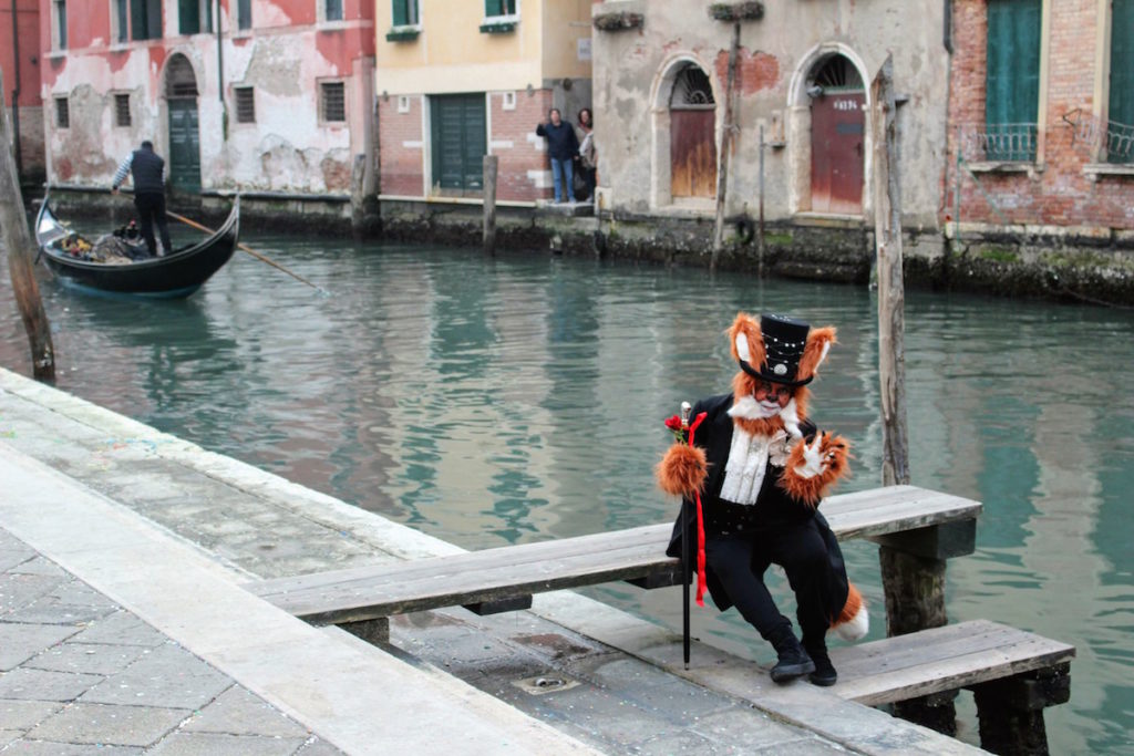 A man dressed in a large cat costume posing on the canal 