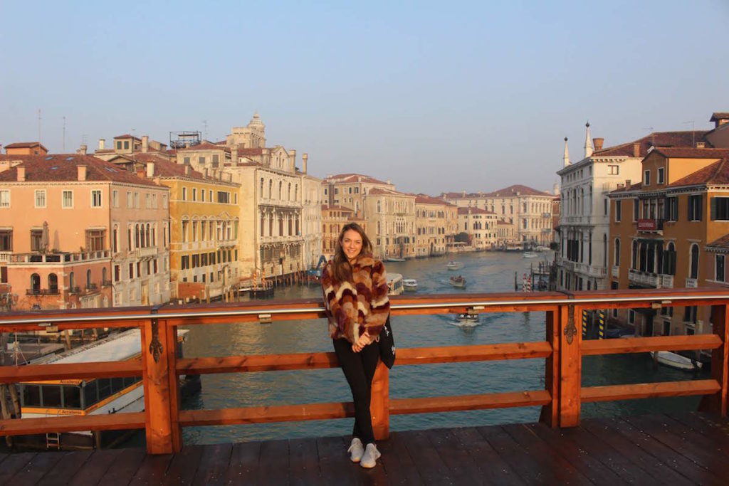 Me standing on a bridge, Ponte dell'Accademia, in Venice in the early morning before the crowds woke up