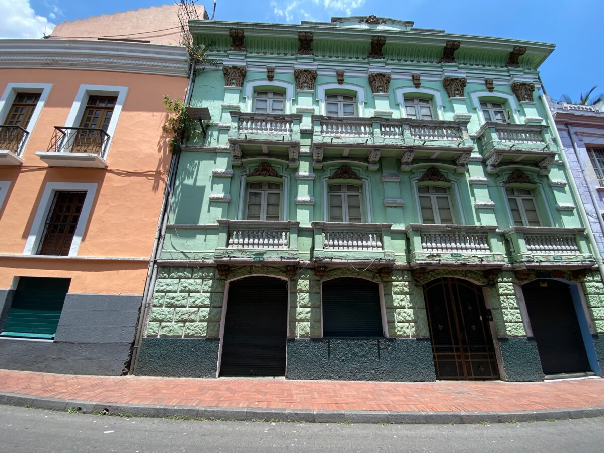 A brightly colored building in Quito Old Town