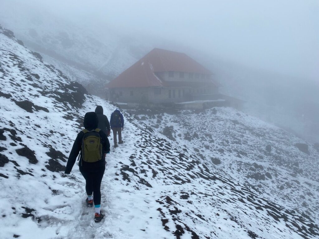 The hike into the lodge at base camp. So foggy we could barely see 