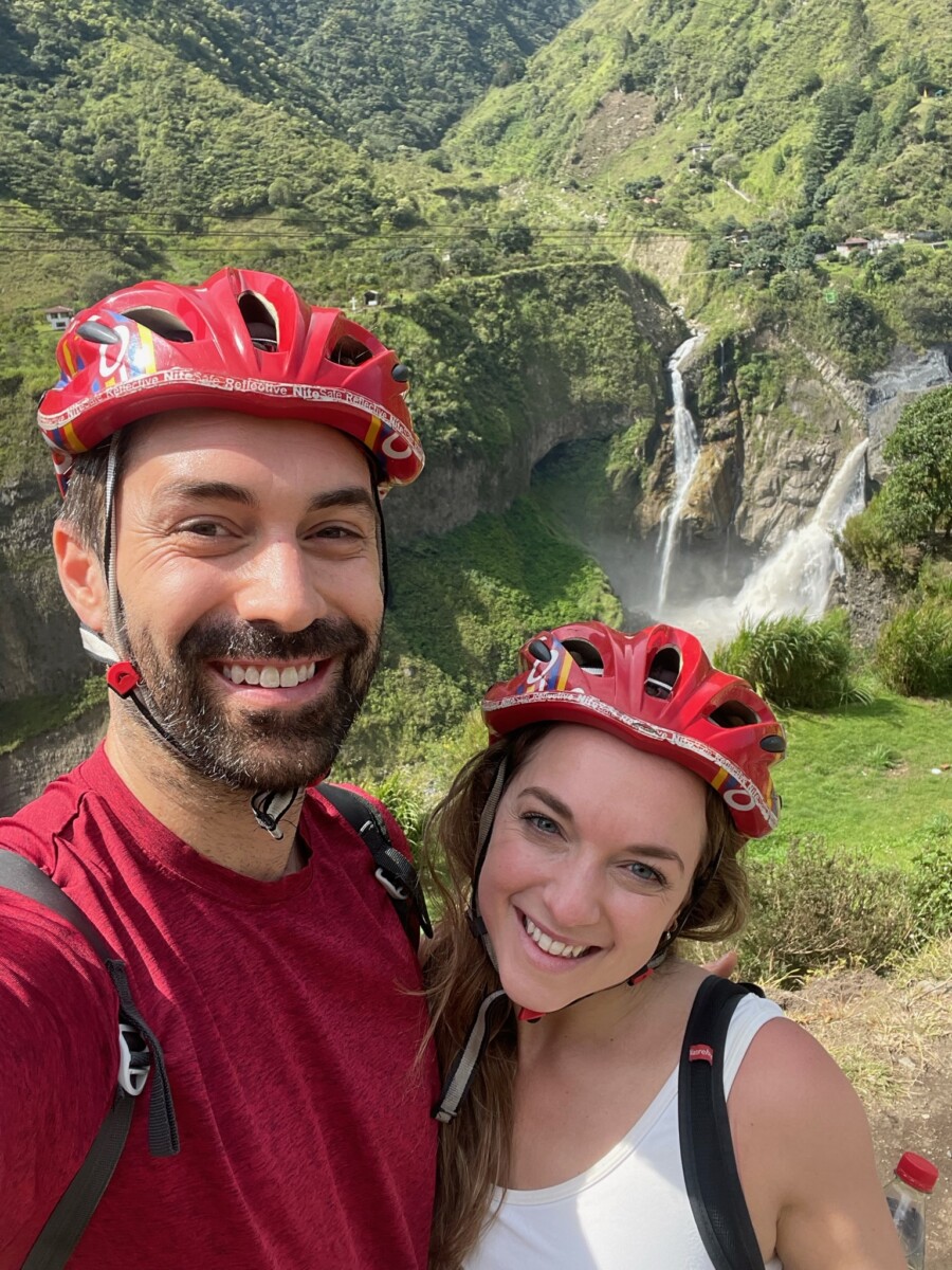 A selfie of Mike and I at the first stop on the ruta de las cascadas with the waterfall in the background