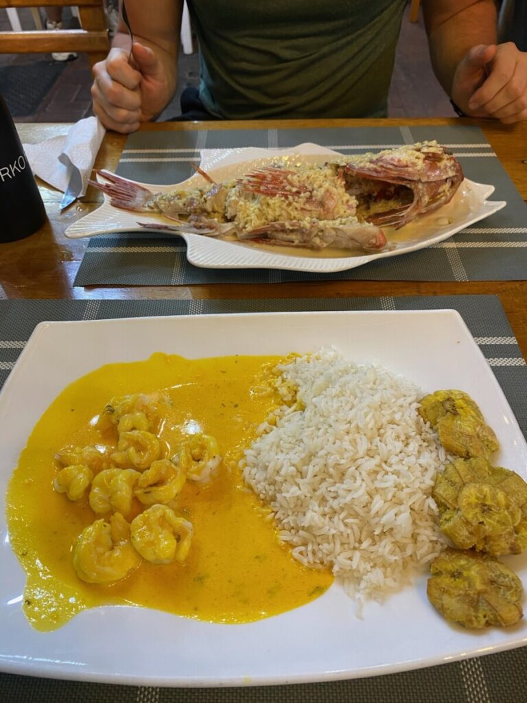 Shrimp encocado and scorpion fish at Los Kioskos. Where to eat the best fish in Puerto Ayora, for cheap!