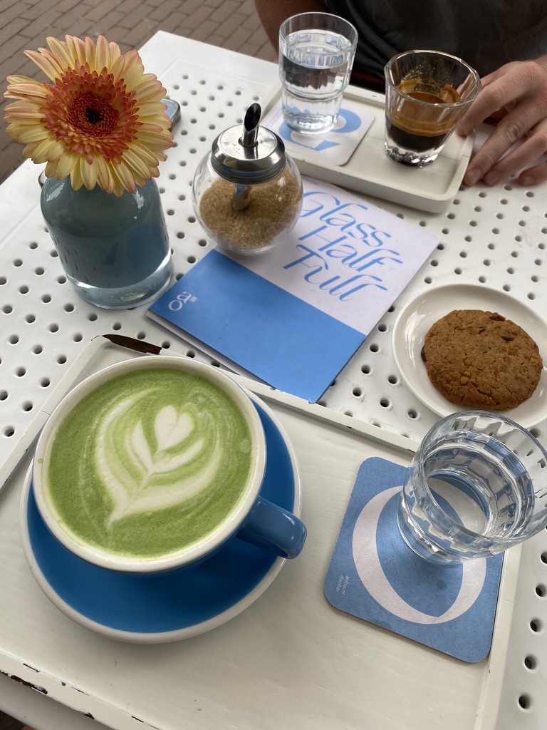 Matcha, a cookie and coffee at Ao Bar Amsterdam