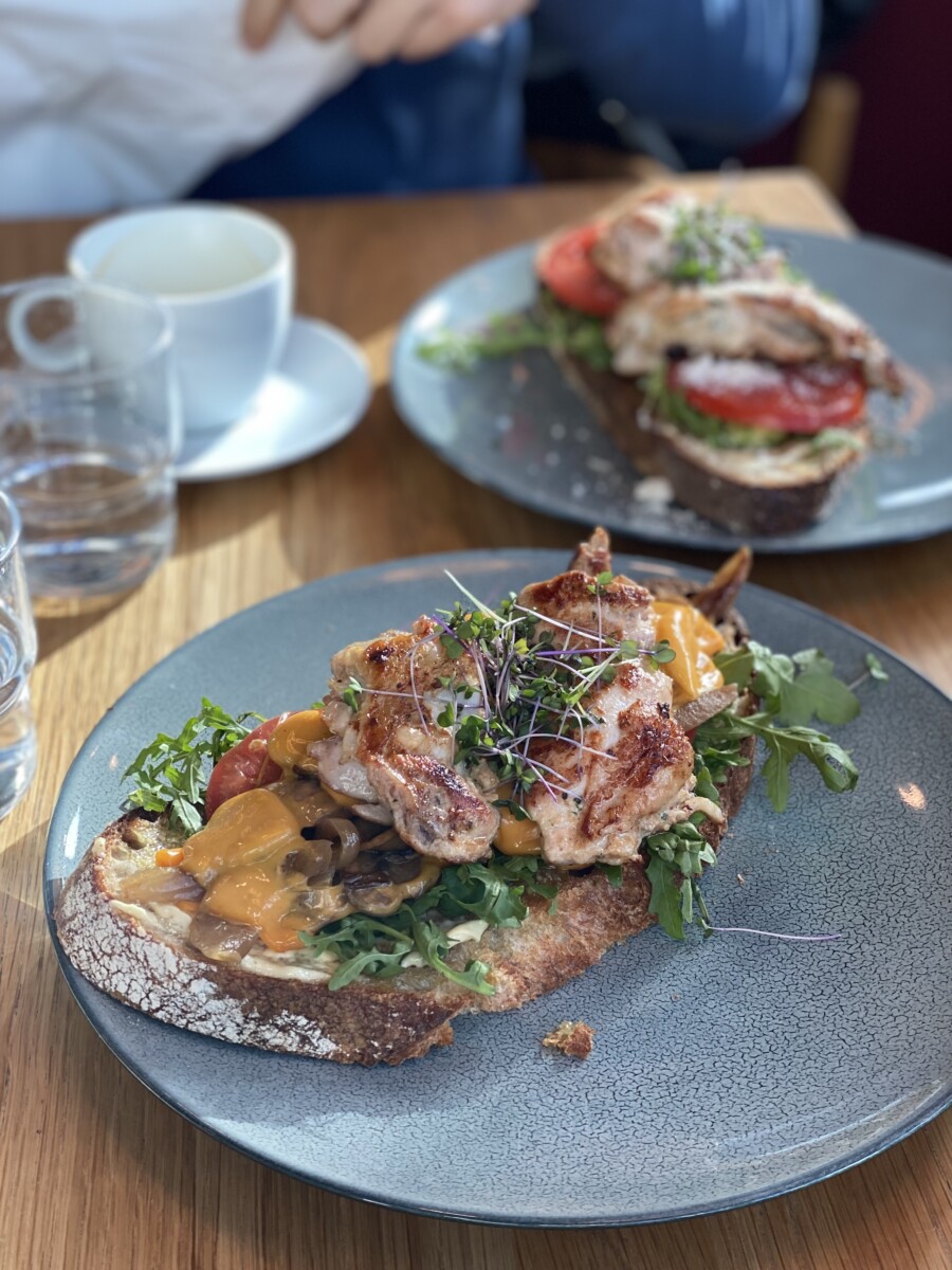 Open faced chicken sandwiches at Apent Bakery in Oslo
