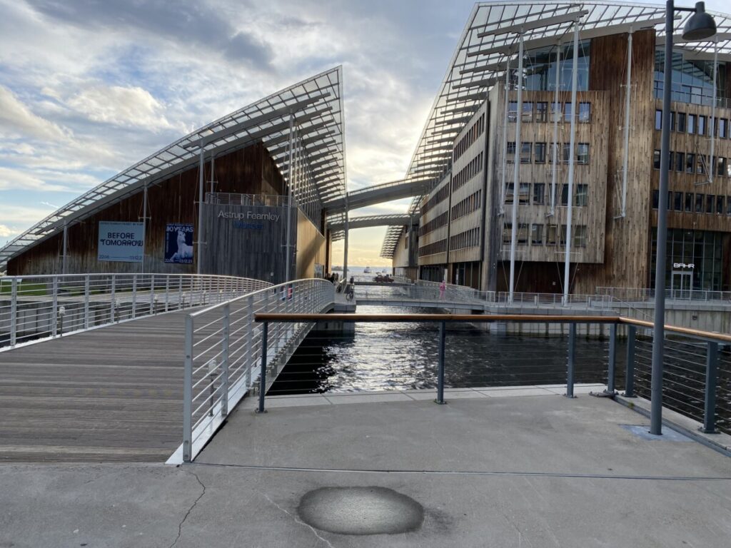 A view of a modern building in Oslo, Aker Brygge neighborhood