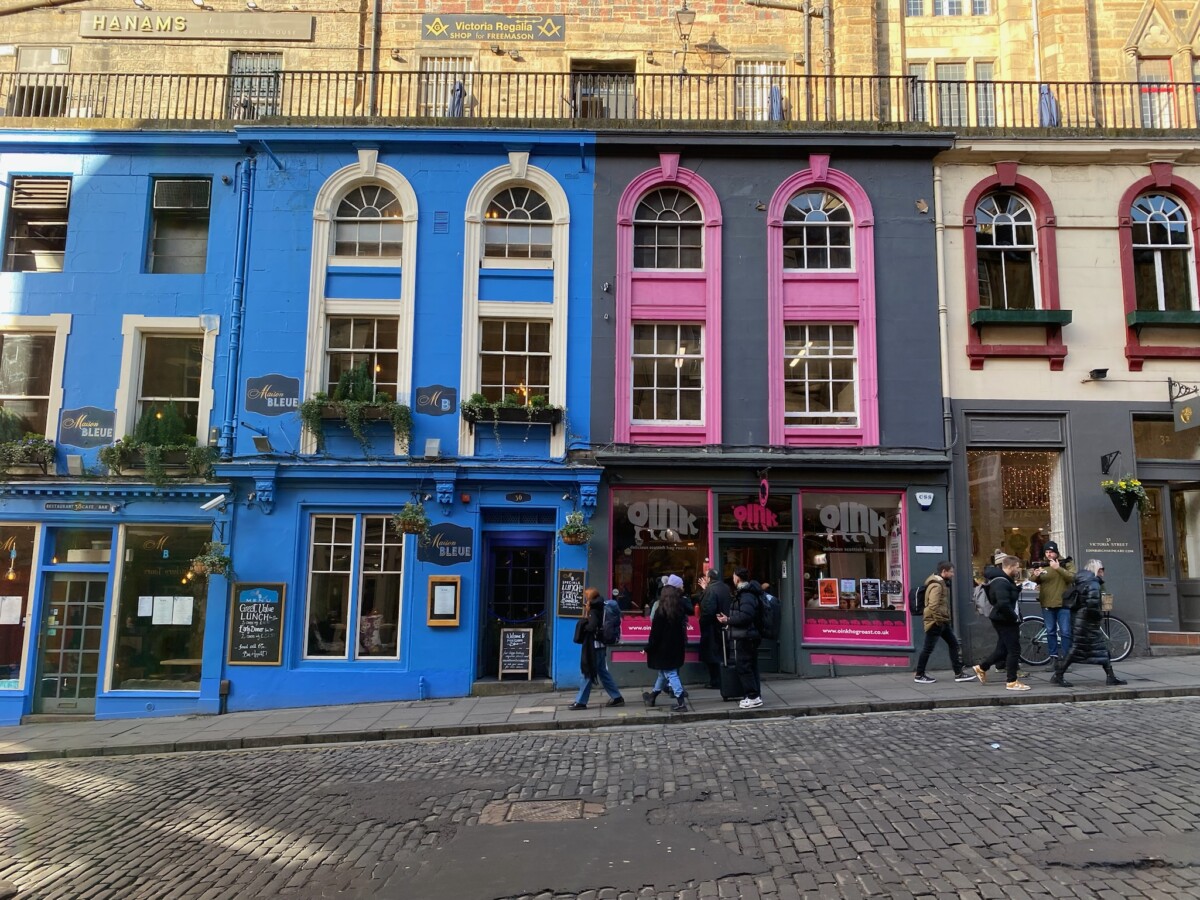 Colorful blue and pink buildings on Victoria Lane