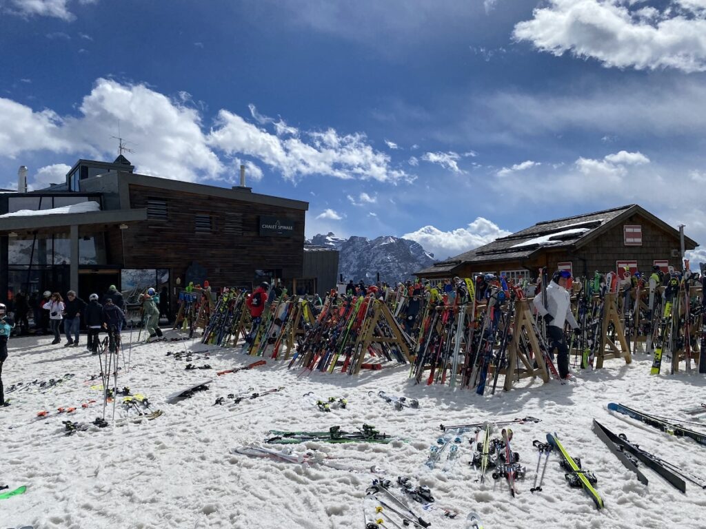 Chalet Spinale with skis lined up outside