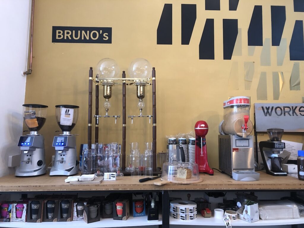 Behind the bar at Bruno's with all the coffee machines