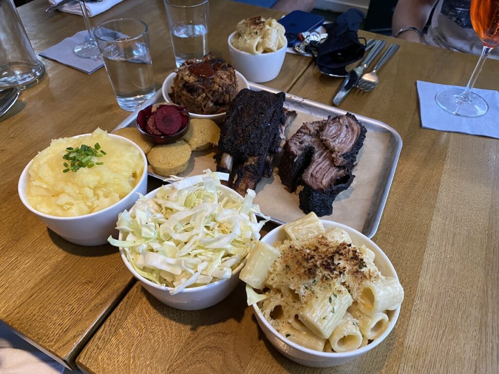 The sharing plate at Pendergast with briscuit, ribs and many sides