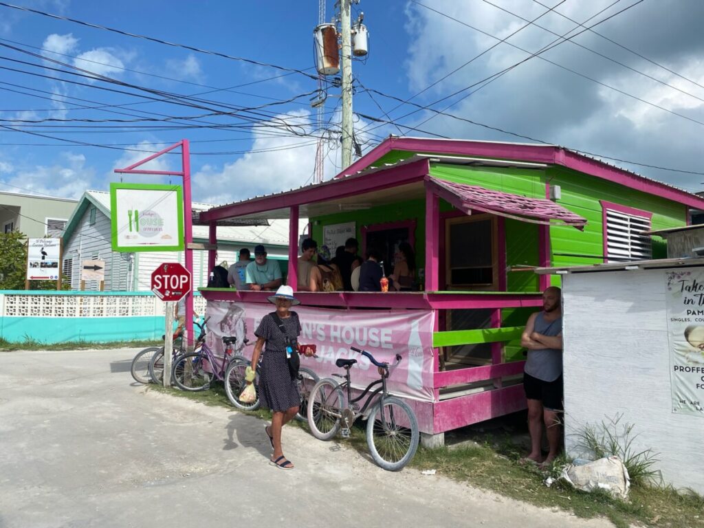 Errolyn's House of Fry Jacks. The colorful pink and green building on a sunny morning