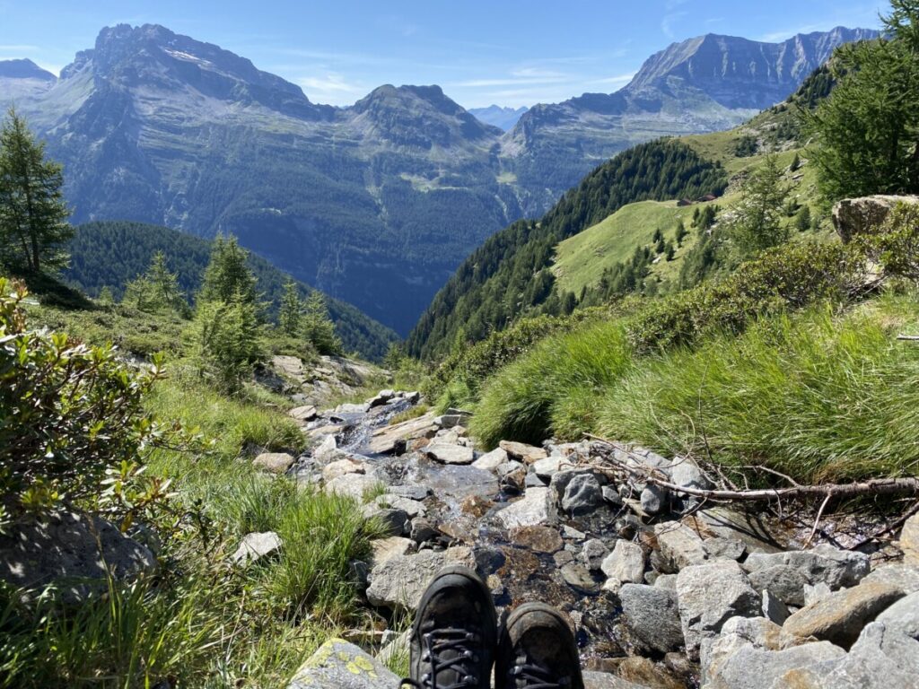 Hiking boots and a mountain view