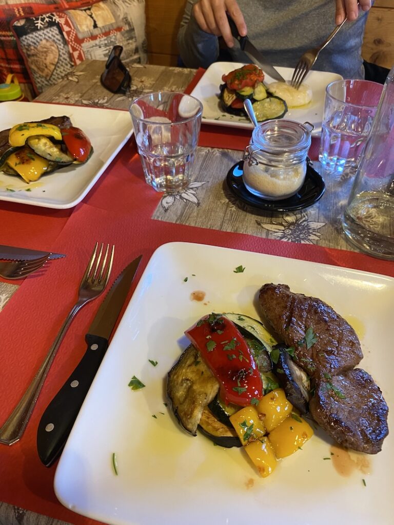 Dinner at Rifugio Sandro Pertini, gnocchi, deer with vegetables